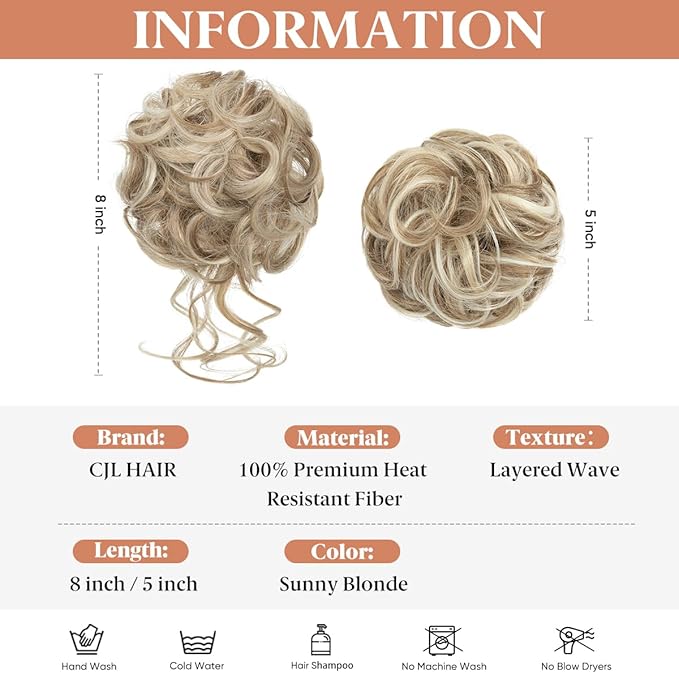 CJL HAIR 2PCS Messy Bun Hair Pieces Wavy Curly Synthetic Updo Chignon Fake Scrunchies Ponytail Extension for Women Sunny Blonde
