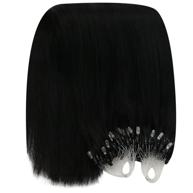 YoungSee Micro Bead Hair Extensions Real Human Hair Black Microlink Hair Extensions Human Hair Jet Black Microbead Hair Extension 16 Inch 50s/50g Micro Ring Hair Extensios #1 for Wedding