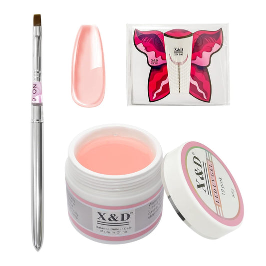 X&D Gel Nail Polish Kit UV Polygel Quick Dry 56g Natural Clear Color Nail Extension with Nail Form, Acrylic Nail Sable Brush with Cap Set(Pink)
