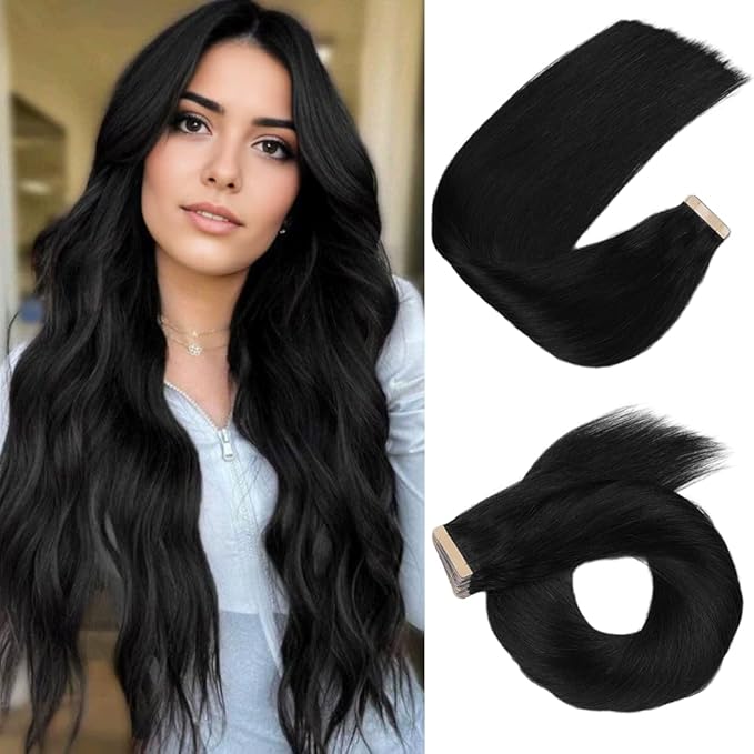 Human Hair Tape in Extensions Jet Black 18 Inch 20pcs Seamless Skin Weft Tape in Hair Extensions Double Sided Remy Invisible Human Hair Straight (1#,18 Inch)
