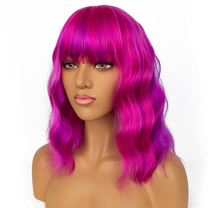 Short Bob Wigs with Bangs for Women Loose Wavy Wig Curly Wavy Shoulder Length Bob Synthetic Cosplay Wig for Girl Colorful Costume Wigs (Rose mixed Purple)