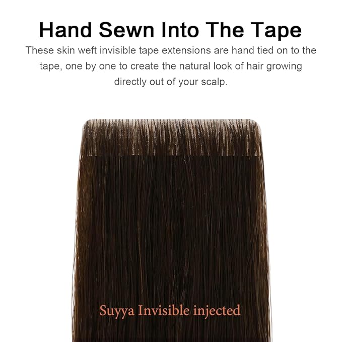 SUYYA Invisible Tape in Hair Extensions Human Hair Darkest Brown Seamless Injected Hand-Tied Pro Quality Virgin Human Hair 20PCS 50G/Pack Straight Tape Ins(18 inch #2 Darkest Brown)