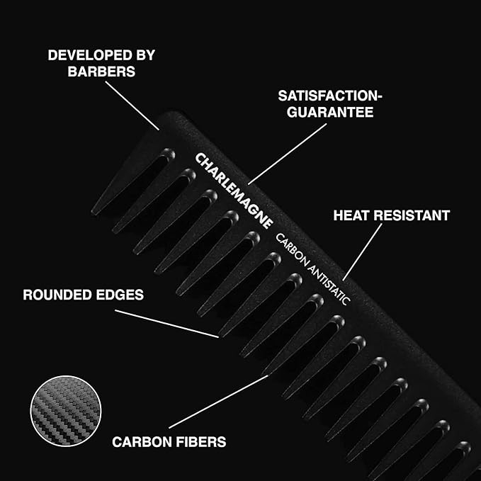 Charlemagne Wide Tooth Comb Men - Detangling Comb - Tames Unruly Strands - Enhances Curls - Texturizing Tool - Styling Tool for Slick Back Hair