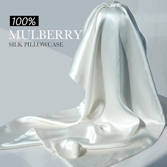 100% Mulberry Silk Pillowcase for Hair and Skin, 22 Momme Pure Natural Silk Pillow Case Both Sided with Zipper, Pillow Cover for Women Mom Men (Ivory White, King 20''×40'', 1 Pack)