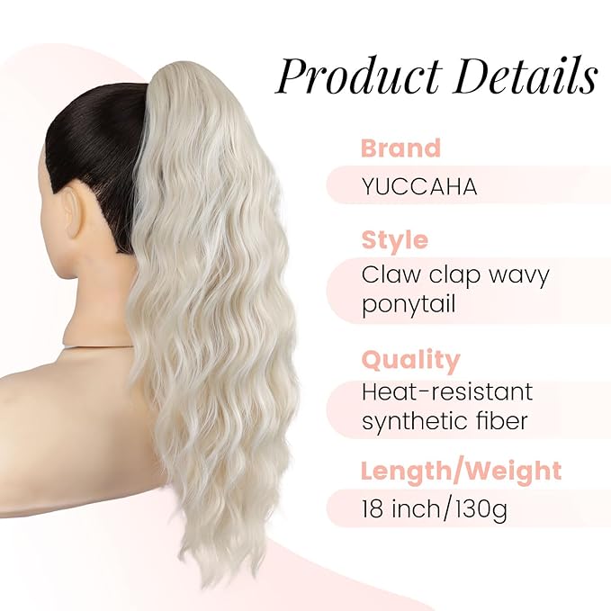 Claw Clip Ponytail Extension for Women 18 Inch Wavy Curly Fake Ponytail Clip in Hair Pieces Shoulder Length Fluffy Natural Synthetic Hairpiece for Daily Use (Light Blonde)