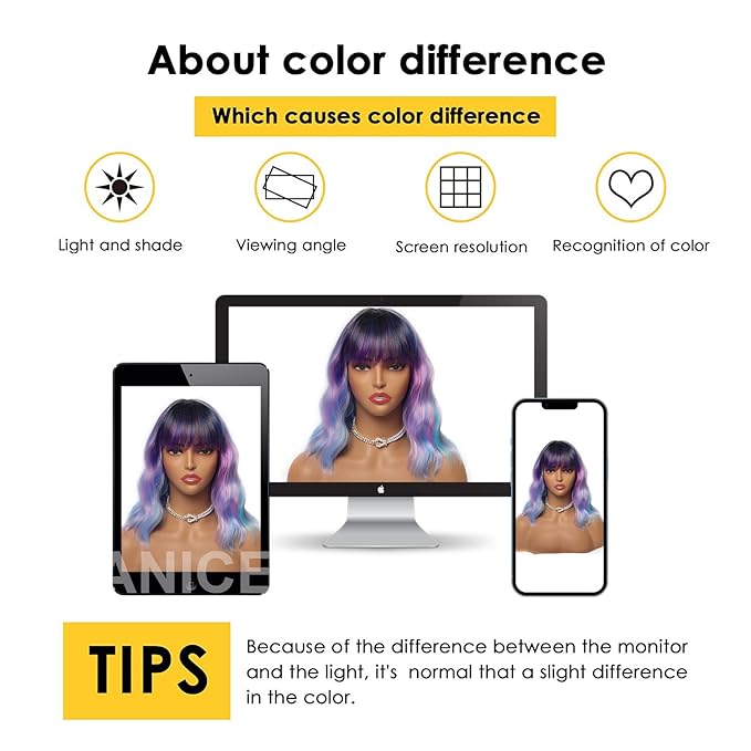 LANICE Short Bob Wigs with Bangs for Women Loose Wavy Hair Shoulder Length Colorful Mixed Wigs Synthetic Colorful Wigs for Cosplay Daily PartyUse(Colorful Mixed,12inch)