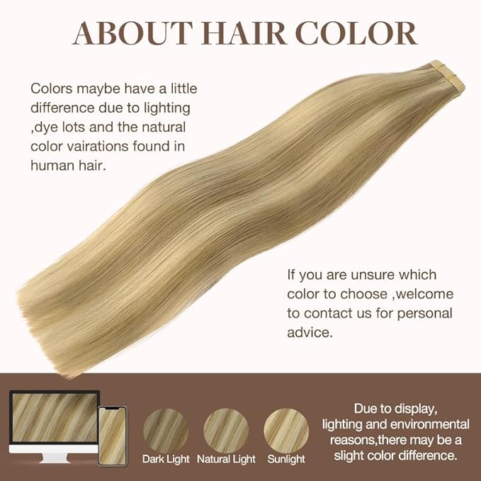 GOO GOO Tape in Hair Extensions Human Hair, 16/22 Light Blonde Highlighted Golden Blonde, 18inch 100g 40pcs, Skin Weft Seamless Invisible, Silky Straight with Thick Ends, Remy Human Hair