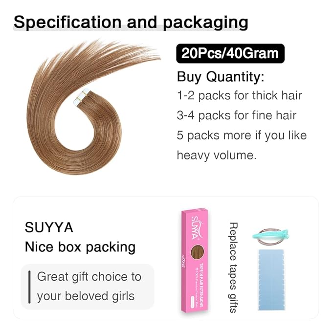 SUYYA Tape in Hair Extensions Human Hair 40g/pack 20pcs Straight Seamless Skin Weft Tape in Real Human Hair Extensions(16inch 8# Light Brown)
