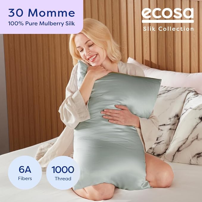 ECOSA Luxurious 30 Momme 100% Mulberry Silk Pillowcase (50x70cm) – 6A Grade Charmeuse Weave, Oeko-TEX® Certified – Frizz-Free Hair & Wrinkle-Free Skin (Glacial Green)