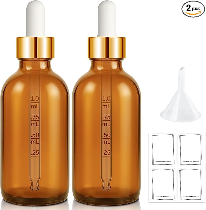 Bumobum Dropper Bottle 2 oz, 2 pack Amber Glass Eye Dropper Bottles with Golden Cap, Labels and Funnel, Tincture Bottle with Measured Cosmetic Dropper - Leakproof Essential Oils Bottles