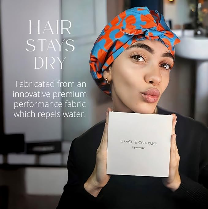 GRACE & COMPANY Luxury Shower Cap For Women - 100% Waterproof, Reusable, Washable & Breathable Shower Caps -Cora(Bag Packaging)