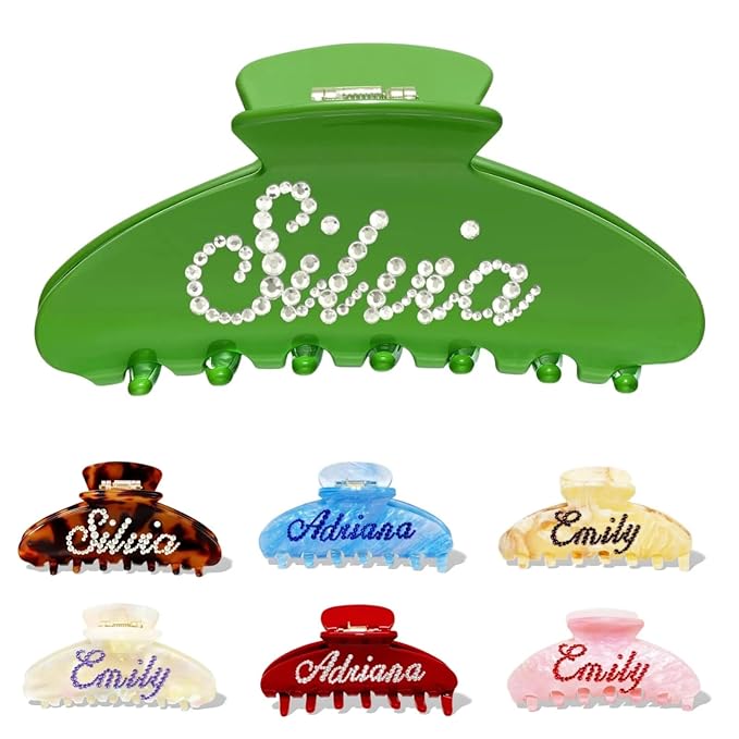 Personalized Colorful Name Hair Claw Clips for Women,Custom Hair Clips with Diamond,Cute Hair Accessories 4",Handmade Rhinestones Hair Clamp Gifts for Mom,Bride,Wife,Bridesmaid,Couples（Green）