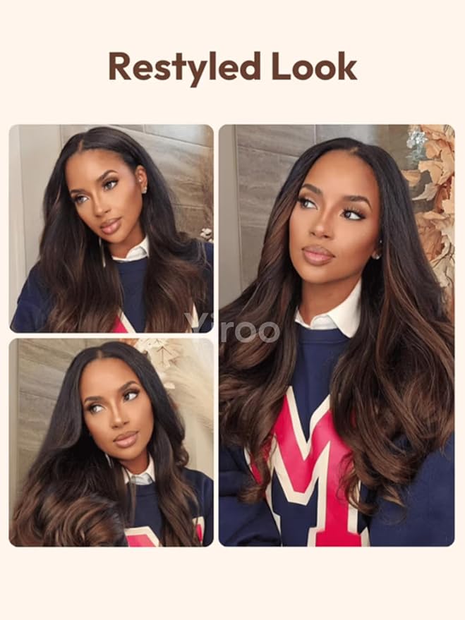YIROO Chestnut Brown Ombre Yaki Straight 13x4 Pre Everything Frontal Glueless Wig Human Hair Pre Plucked Pre Cut,Bye bye Knots Wear and Go Drawstring Wigs Beginner Friendly 150% Density 20Inch