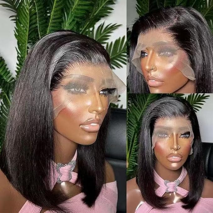Bob Wig Human Hair 13x4 Short Straight Bob Lace Frontal Wigs for Black Women Human Hair Pre Plucked Glueless 180% Density Black Color 10 Inch