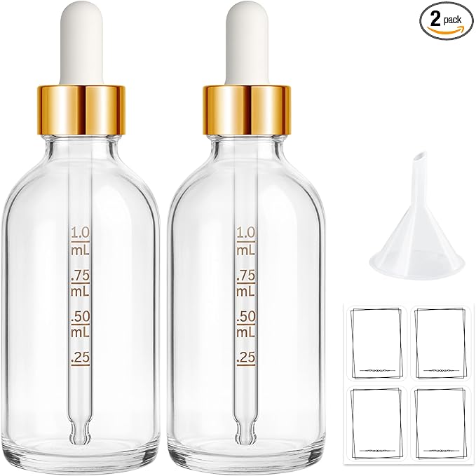 Bumobum 2 Pack, 2 oz Golden Cap Clear Glass Eye Dropper Bottle with Labels and Funnel, Leakproof Tincture Bottle with Measured Dropper for Essential Oils Bottles