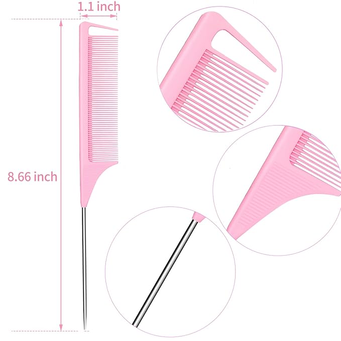 Rat Tail Combs 12 PCS, Parting Combs for Braiding Hair Carbon fiber heat-resistant anti-static,for Sectioning, Parting, Styling Hair (Pink)