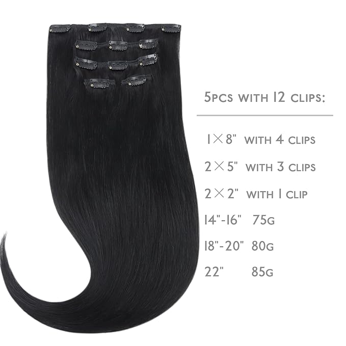 WENNALIFE Clip in Human Hair Extensions 85g 5pcs 22 Inch, Remy Hair Jet Black Real Virgin Hair Extensiones De Cabello Humano Con Clip Ins