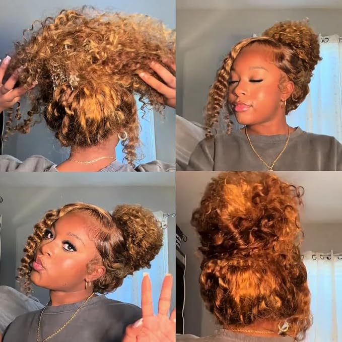 Hidden Strap Deep Wave 360 Lace Front Wigs Human Hair Highlight Ombre full lace Deep Curly Honey Blonde 4/27 Human Hair Wig with invisible drawstring Ombre 360 Glueless Wigs Human Hair 30 Inch