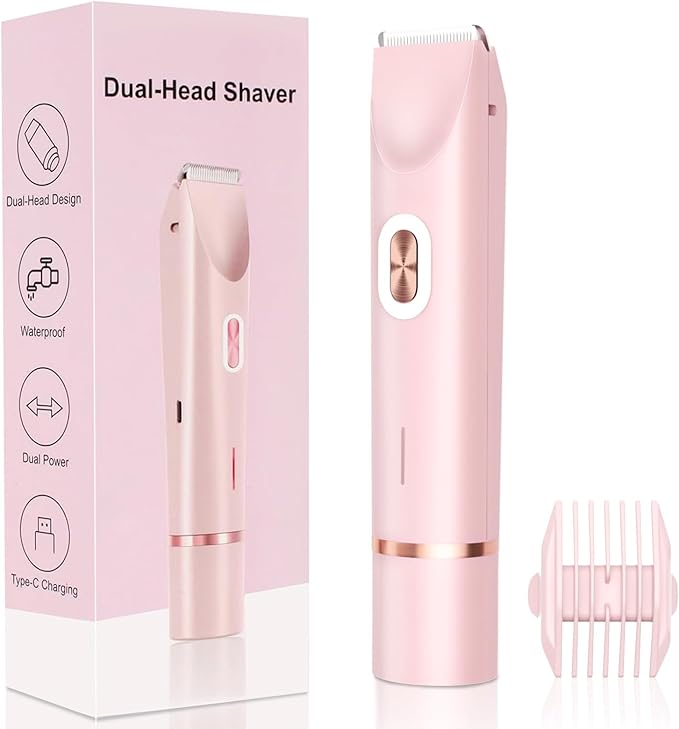 2025 New 2-in-1 Electric Bikini Trimmer for Women - Dual Head Electric Razor,Waterproof Painless Bikini Shaver, Pubic Hair Trimmer for Private Area & Body Hair, Pink