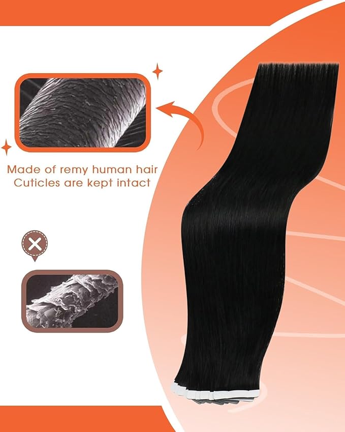 Sunny Hair Tape in Hair Extensions Real Human Hair Invisible Remy Hair Extensions Tape ins for Women Jet Black 18 inch 25G