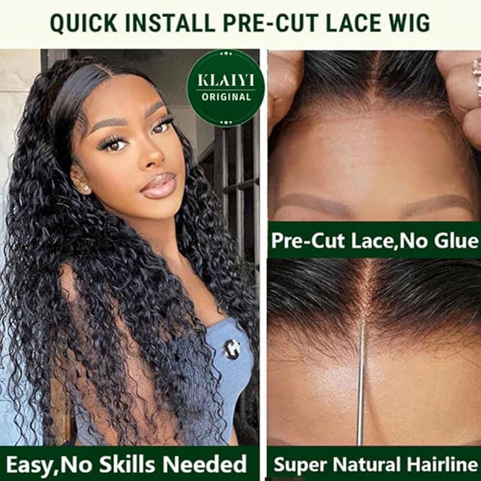 KLAIYI Bye Bye Knots Glueless Wig Pre Cut Water Wave HD Lace Front Wigs Human Hair Pre Bleached Pre Plucked Ready to Go Wigs for Women 30S Easy to Wear Put On and Go Curly Wig Beginner Friendly 22inch