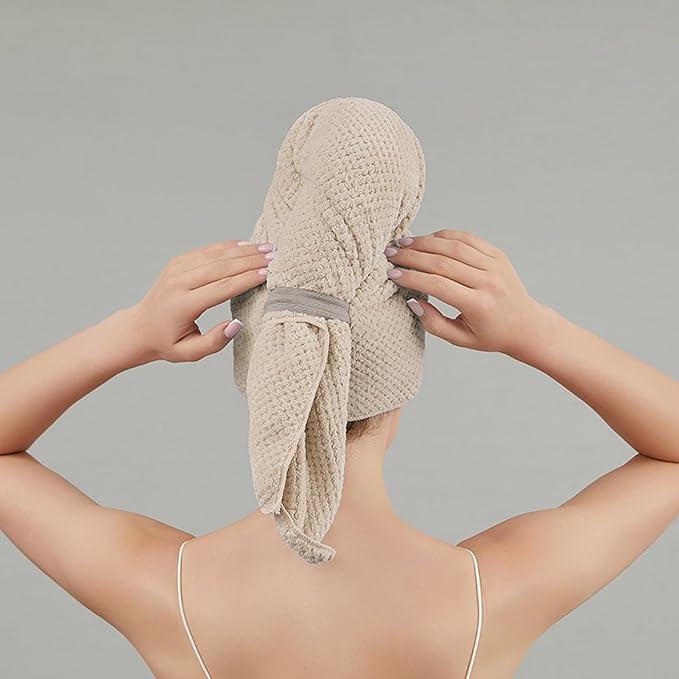 Women Microfiber Hair Towel Wrap with Elastic Strap,Super Absorbent Anti Frizz Drying Turban for Curly, Long,Wet Hair- Beige