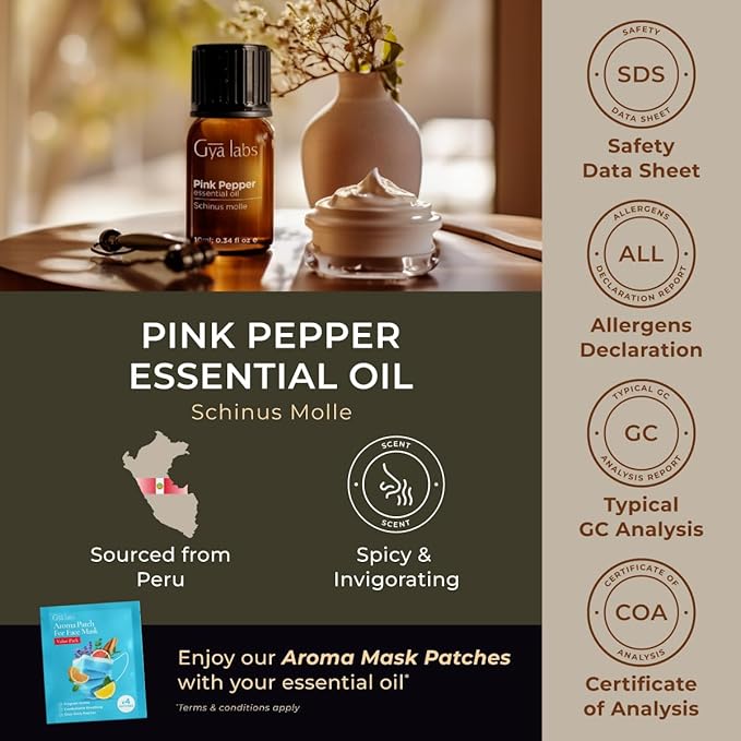 Gya Labs Pink Pepper Essential Oil for Skin - Pink Pepper Essential Oil Diffuser - Aromatherapy Oil Pepper Oil for Face,DIY,Candles & Massage - Crisp, Peppery & Spicy Scent - 100% Natural (0.34 Fl Oz)
