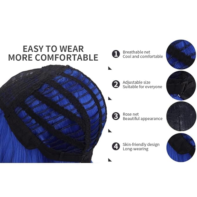 BERON 14 Inches Dark Blue Wig Short Curly Wig Women Synthetic Wigs Blue Wigs with Bangs Hairnet Included