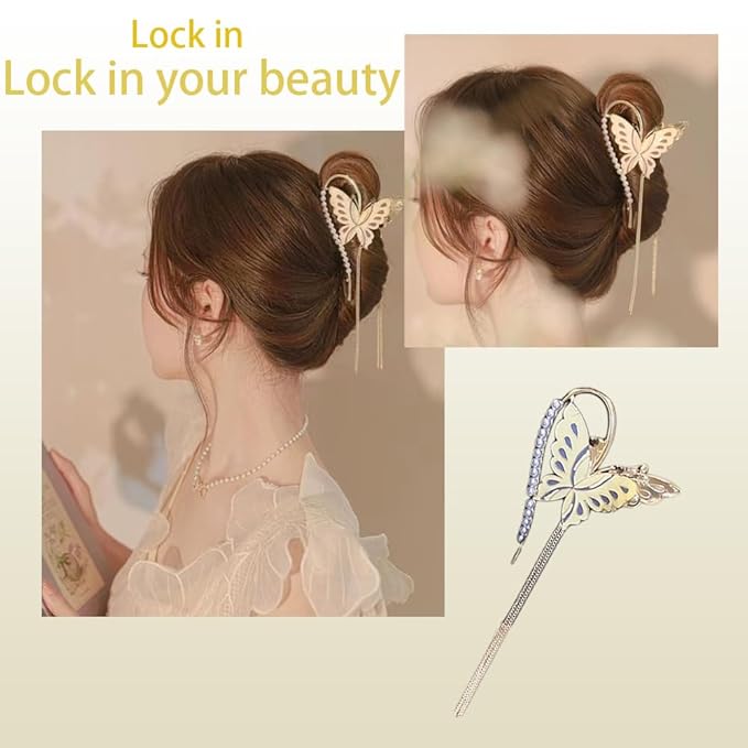 Gold Butterfly Hair Claw Clips Pearl Chain Tassel Rhinestone Butterfly Flower Hair Clips Tassel Nonslip Clamps Hair Accessories for Women and girl.Claw Clips for Thick hair