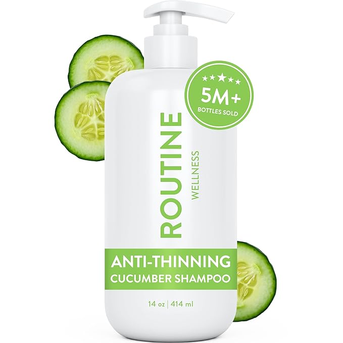 Routine Wellness Anti-Thinning Shampoo for Thinning Hair - Biotin DHT Blocker Women & Men - Color Safe Shampoo for Hair Loss & Healthy Hair - Cucumber - 14oz