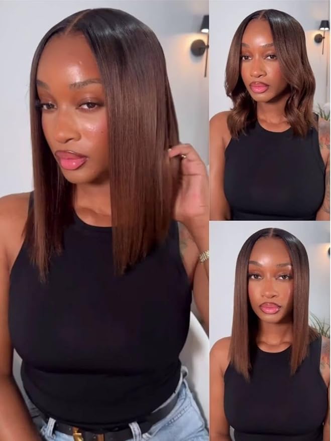 YIROO Chestnut Brown Ombre Yaki Straight Bob Wig Human Hair, 13x4 Lace Front Glueless Wig with Drawstring, Pre Everything Pre Cut Pre Plucked Pre Bleached Knots Natural Hairline Short Bob Wig 10Inch