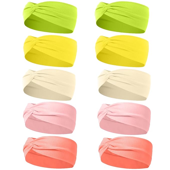 10 Pcs Wide Absorbent Sport Headbands for Women, Non-slip, Stretchy, Soft Cotton Twist Knotted Hair Bands for Daily Workout Yoga Running Sports, BA