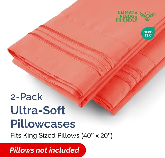 King Pillow Cases Set of 2 - Ultra Soft Hotel Quality Pillowcase Covers - Comfy, Cozy & Wrinkle Free - Shrinkage, Stain and Fade Resistant - Machine Washable Pillow Protectors - 2 Piece Set - Coral