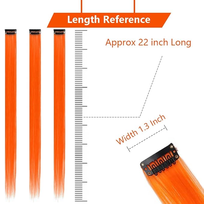Orange Hair Extensions Clip in for Kids Girls, 10 Pieces 22 Inch, Colored Heat Resistant Synthetic Hairpiece, Long Straight Streak Extension Clips Ins