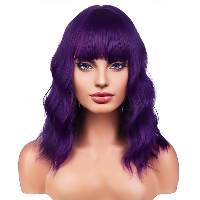 BERON 14 Inches Purple Wig for Women Short Curly Wig Dark Purple Wigs Synthetic Wigs with Bangs Hairnet Include