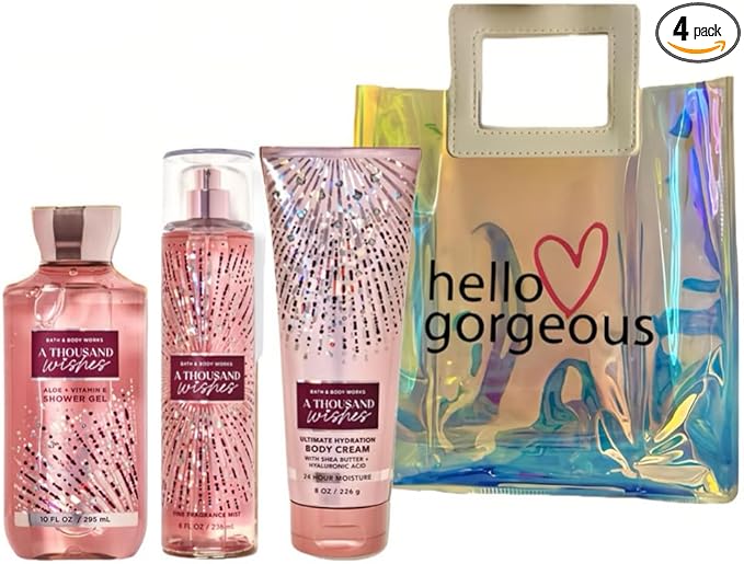 Bath & Body Works - 3 Piece Bundle - Spray - Body Cream - Shower Gel - Full Size and Gift Bag HELLO GORGEOUS (A Thousand Wishes)