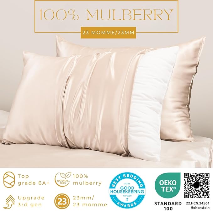 PROMEED 23 Momme Silk Pillowcase 2 Pack Toddler/Travel Size with Free Laundry Bag, Highest Grade 6A+ 100% Mulberry Silk Pillow Case Set of 2, Zipper (Toddler/Travel 13"x18", Champagne)