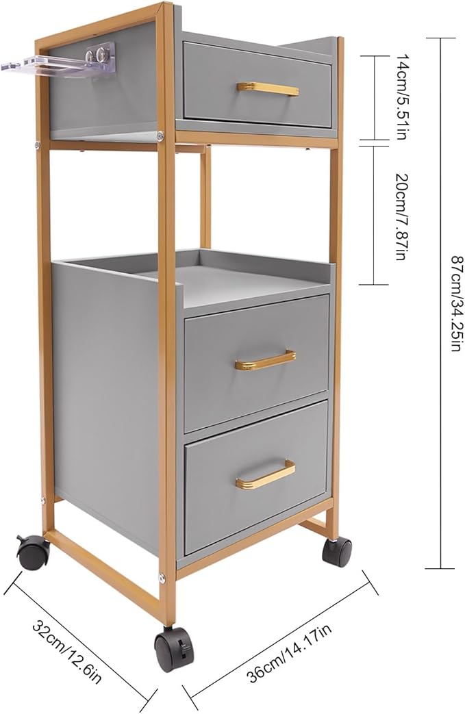 Beauty Salon Tool Organizer, Salon Trolley with Lockable Wheels Barber Cart, Make-Up Organizer Beauty Equipment Storage Trolley with Hair Dryer Rack for Spa, Barber Store, Beauty Salon (Gold, Grey)