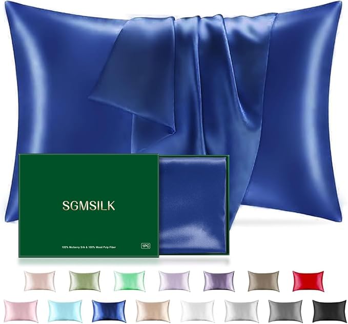Mulberry Silk Pillowcase for Hair and Skin, SGMSILK 22 Momme Natural Silk Pillow Cases with Zipper, 6A Soft and Smooth Single Sided Pure Silk Pillow Cover (Royal Blue, King 20"x36")