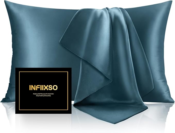 INFIIXSO Mulberry Silk Pillowcase for Hair and Skin, Silk Pillow Cases Queen with Hidden Zipper 20x30 Inches, Extraordinary Smooth and Soft Cooling Pillow Cases for Hot Sleepers(Bluesteel, 1 Pack)