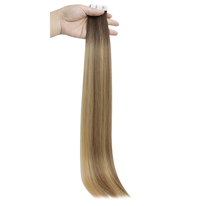 Full Shine Injected Tape in Hair Extensions 5Pcs 18 Inch Virgin Injection Tape in Extensions Color 3 Brown Fading to 8 Ash Brown And 22 Blonde Unprocessed Seamless Tapes in Human Hair 12.5 Gram