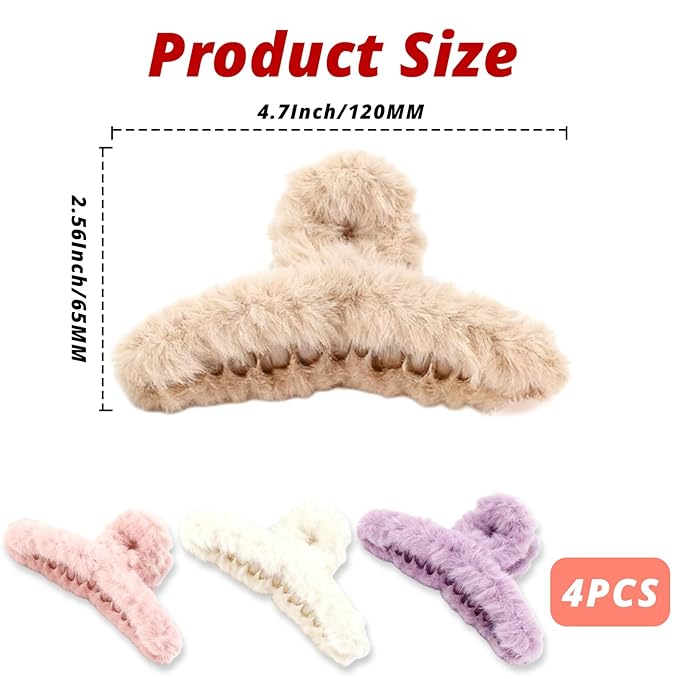 VinBee 4 PCS Faux Fur Hair Clips Large Plush Hair Catch Barrette Jaw Clamp for Women Girls Half Bun Hairpins for Thick Hair Cute Claw Clips Hair Accessories (4.5 Inch)