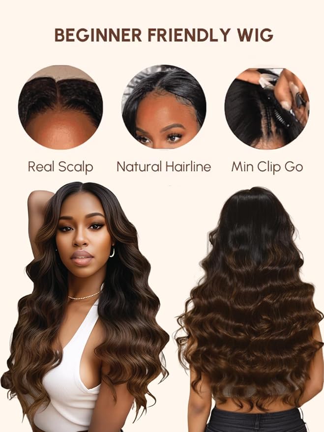 YIROO V Part Wig Human Hair No Leave Out Ombre Chestnut Brown Yaki Straight Glueless Human Hair Wig Upgrade U Part Wigs for Women V Shape Clip in Half Wig No Glue No Sew in Beginner Wig 16inch