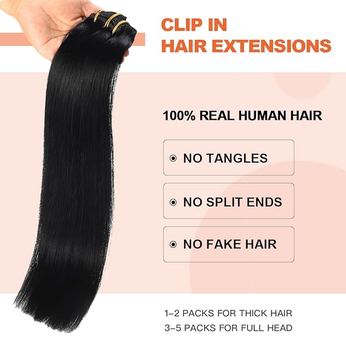 XDhair Black Clip In Hair Extensions Human Hair120g 20 Inch 6Pcs Clip in Hair Extensions Straight Natural Hair (#1,20Inch)