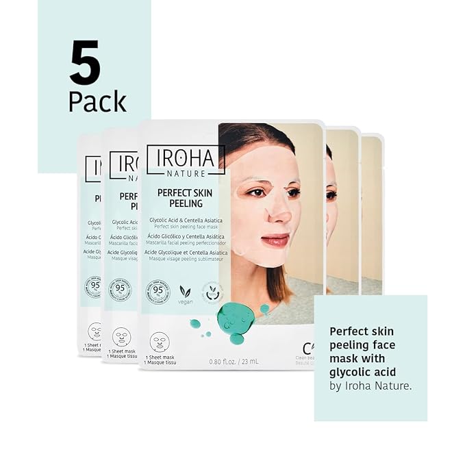 IROHA NATURE Glycolic Acid Peeling Face Mask (Pack of 5) | Skin Perfecting for a Radiant & Smooth Look | Instant Regeneration in Just 15 Minutes | Clean Beauty | 100% Vegan