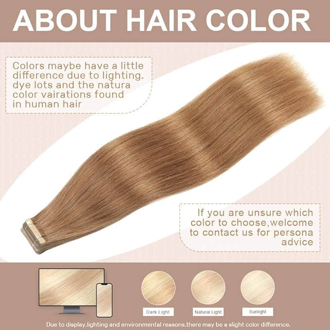 Golden Brown Tape in Hair Extensions Human Hair,14 Inch Human Hair Tape in Extensions 20Pcs Tape Ins Human Hair Extensions for Women Seamless Tape in Hair Extensions Real Human Hair