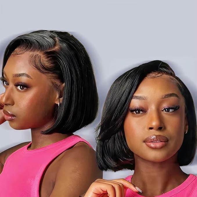180 Density Bob Wig Human Hair 13x4 HD Frontal Bob Wigs Human Hair Bob Lace Front Wigs Human Hair Pre Plucked Brazilian Virgin Natural Black Wig 8 Inch