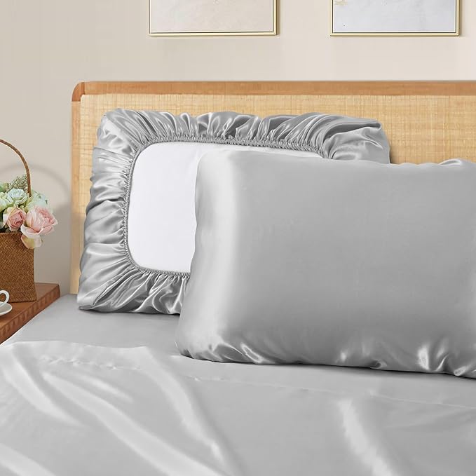 SiinvdaBZX Silver Grey Satin Pillowcase Standard/Queen Size Set of 2, Silky Travel Elastic Band Satin Pillow Case for Hair and Skin, Soft Portable & Fit for Various Pillow