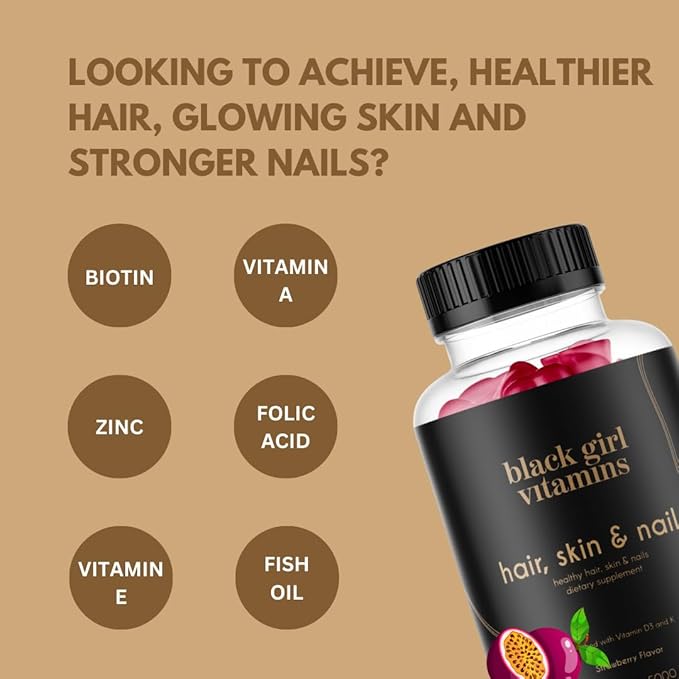 Black Girl Vitamins - Hair, Skin, and Nails Gummies with Biotin (6000 mcg), Zinc, Gelatin Free, Vitamin A, and Vitamin E - Gluten-Free. Made in The USA (Passion Fruit, 120 Count) 60 Day Supply