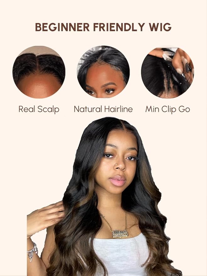 YIROO V Part Wig Human Hair Highlight Chestnut Brown Ombre Body Wave Human Hair Wig No Leave Out 12A Glueless Upgrade U Part Wigs Clip in Half Wig No Glue No Sew Beginner Friendly 150% Density 20inch